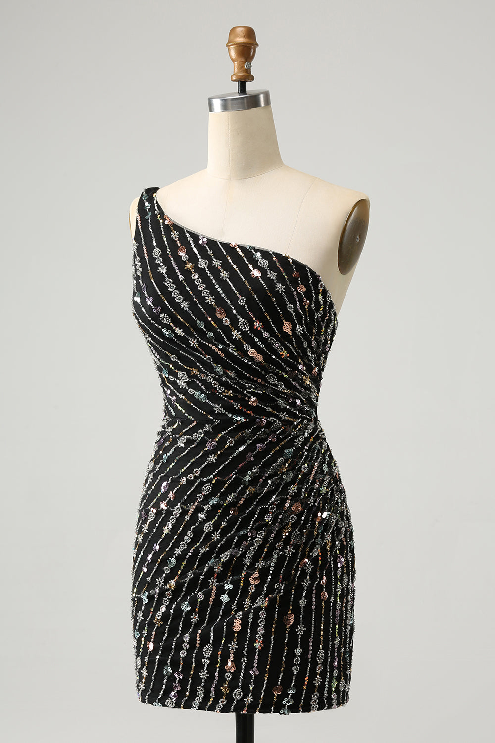 Vestido de cóctel ajustado corto con purpurina negra y pedrería