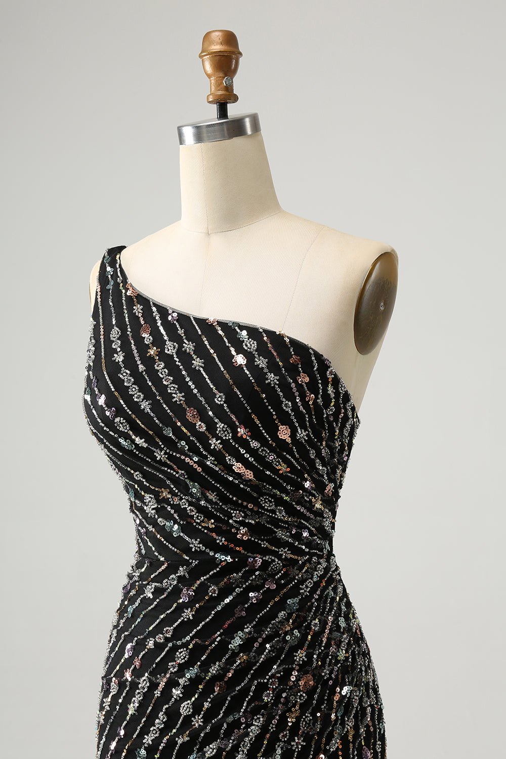 Vestido de cóctel ajustado corto con purpurina negra y pedrería