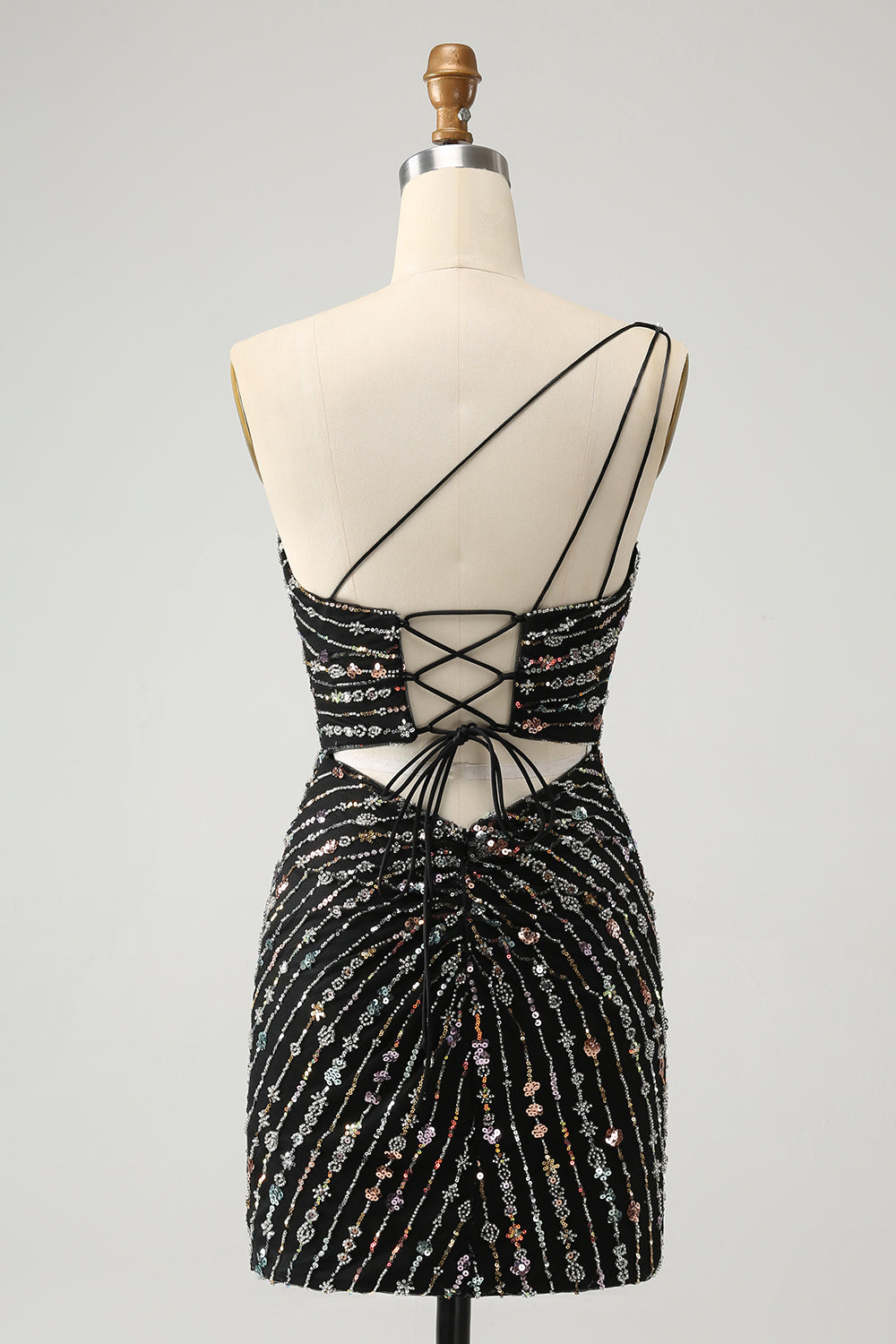 Vestido de cóctel ajustado corto con purpurina negra y pedrería