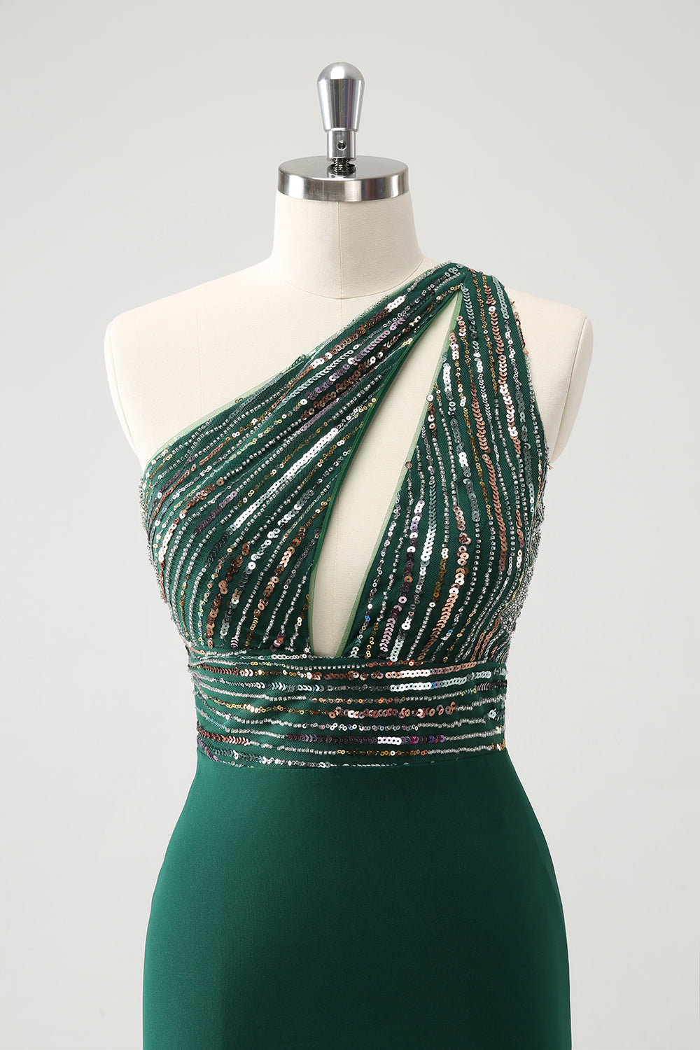 Vestido de cóctel ajustado con un solo hombro y purpurina verde oscuro