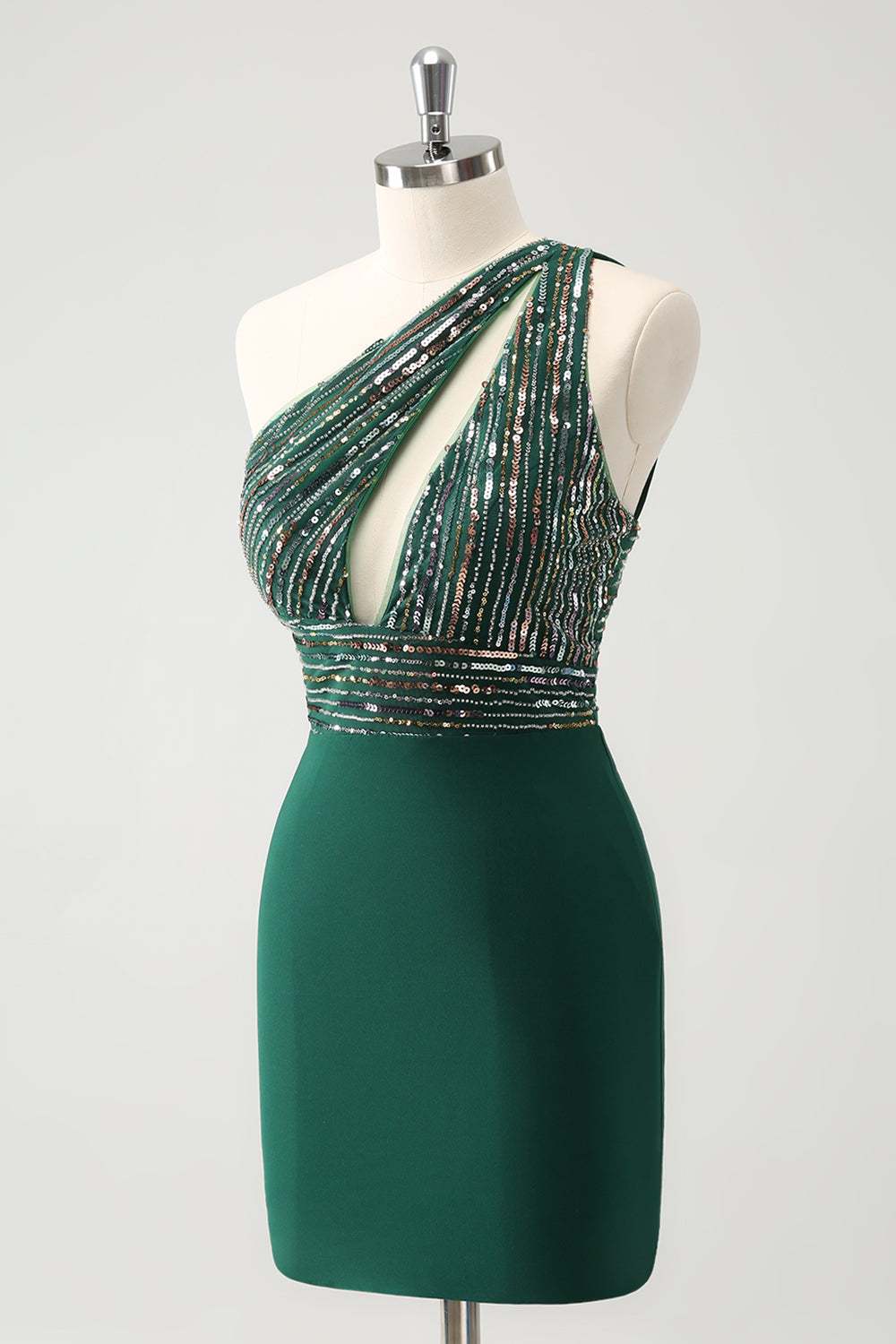 Vestido de cóctel ajustado con un solo hombro y purpurina verde oscuro