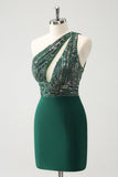 Vestido de cóctel ajustado con un solo hombro y purpurina verde oscuro