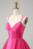 Vestido de cóctel lindo sin espalda con tirantes finos fucsia