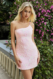 Vestido de cóctel mini ajustado con lentejuelas y un hombro con apliques rosa
