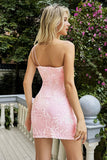 Vestido de cóctel mini ajustado con lentejuelas y un hombro con apliques rosa