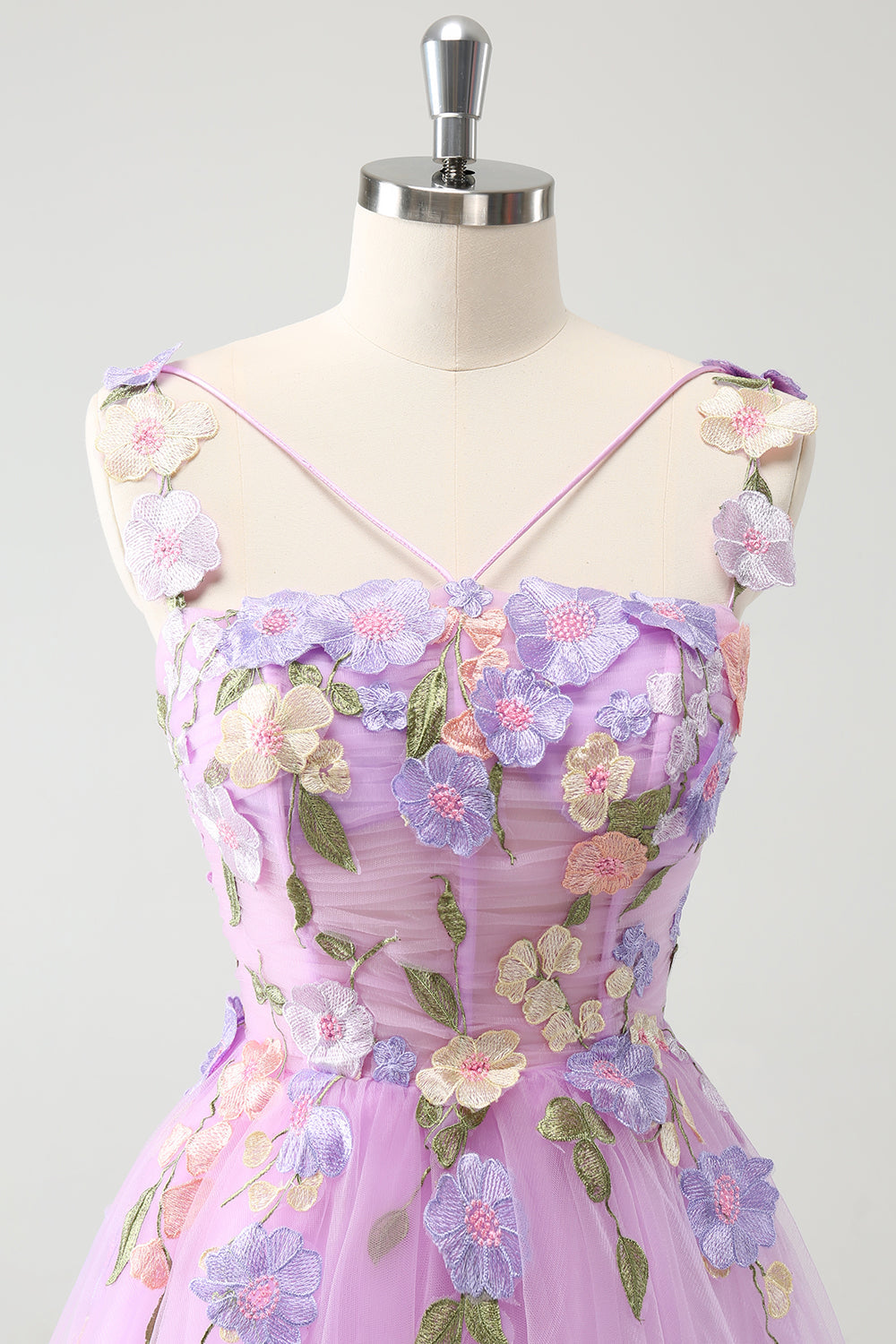 Vestido de cóctel corto de tul con flores halter de línea A morado
