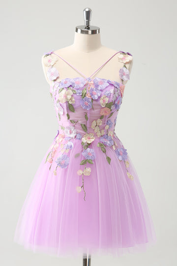 Vestido de cóctel corto de tul con flores halter de línea A morado