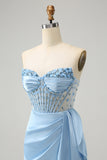 Vestido de cóctel de corsé nupcial azul brillante con pedrería