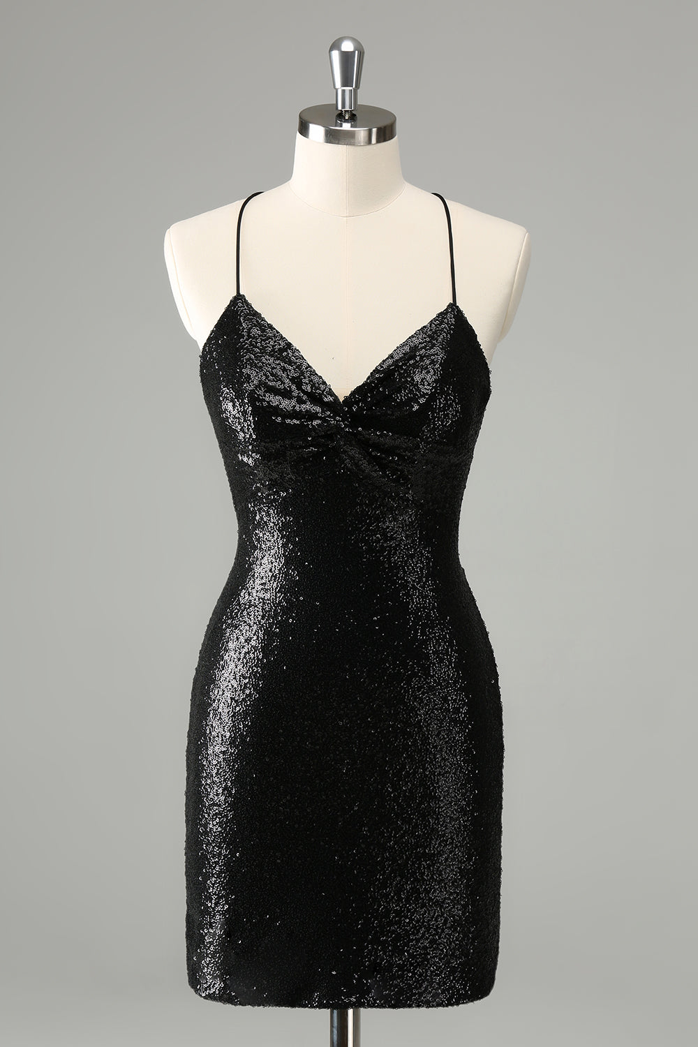 Elegante vestido de cóctel con escote halter y lentejuelas negras con cordones en la espalda