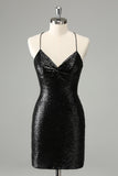 Elegante vestido de cóctel con escote halter y lentejuelas negras con cordones en la espalda