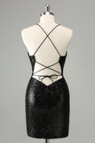 Elegante vestido de cóctel con escote halter y lentejuelas negras con cordones en la espalda