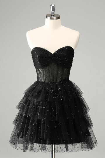 Vestido de cóctel lindo con corsé escalonado de novia negro brillante de una línea