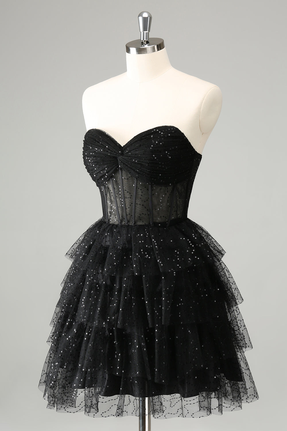 Vestido de cóctel lindo con corsé escalonado de novia negro brillante de una línea