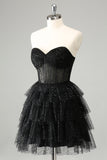 Vestido de cóctel lindo con corsé escalonado de novia negro brillante de una línea