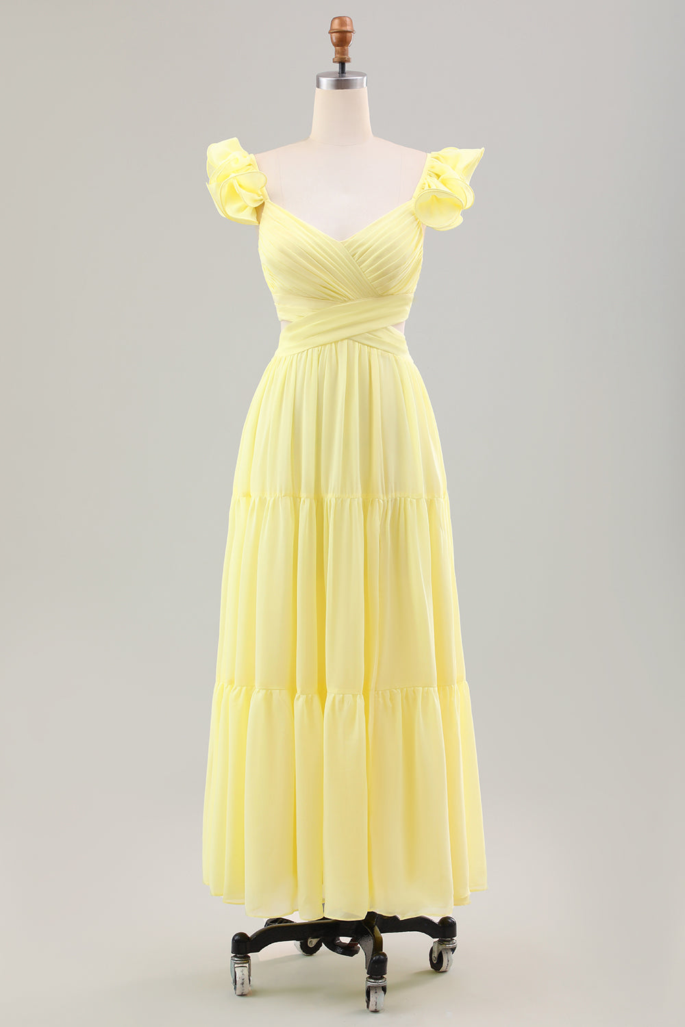 Vestido de invitada de boda con volantes plisados de color amarillo limón simple de una línea