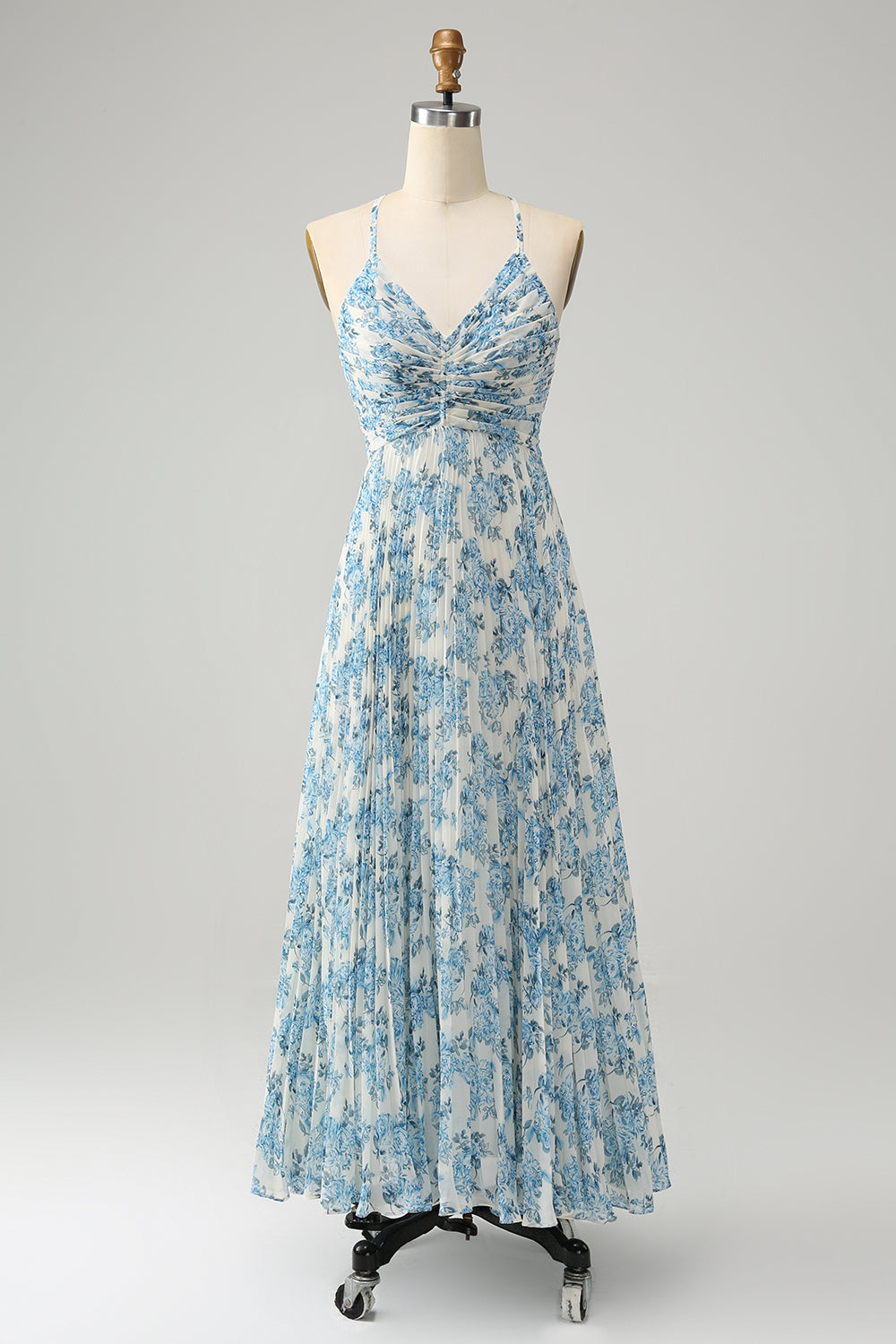 Tirantes de espagueti de flores azules blancas Una línea Vestido de invitada de boda