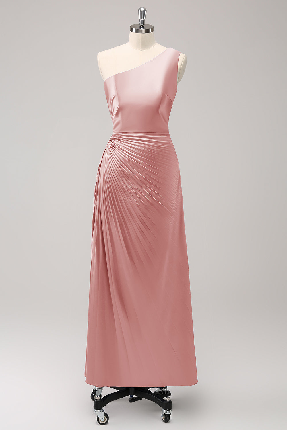 Vestido largo de dama de honor Rosa polvorienta con ojo de cerradura de satén de un hombro