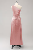 Vestido largo de dama de honor Rosa polvorienta con ojo de cerradura de satén de un hombro