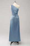 Vestido largo de dama de honor azul con ojo de cerradura de satén de un hombro