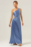 Vaina azul Vestido largo de dama de honor de satén con ojo de cerradura de un hombro
