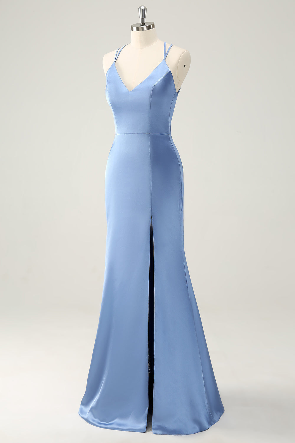 Vestido de dama de honor de satén con tirantes de espagueti sirena azul con abertura