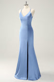 Vestido de dama de honor de satén con tirantes de espagueti sirena azul con abertura