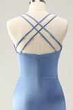 Vestido de dama de honor de satén con tirantes de espagueti sirena azul con abertura