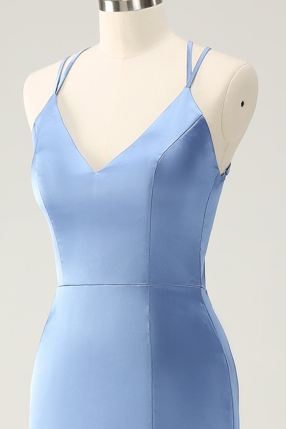 Vestido de dama de honor de satén con tirantes de espagueti sirena azul con abertura