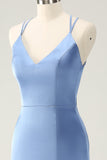 Vestido de dama de honor de satén con tirantes de espagueti sirena azul con abertura