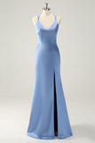 Vestido de dama de honor de satén con tirantes de espagueti sirena azul con abertura