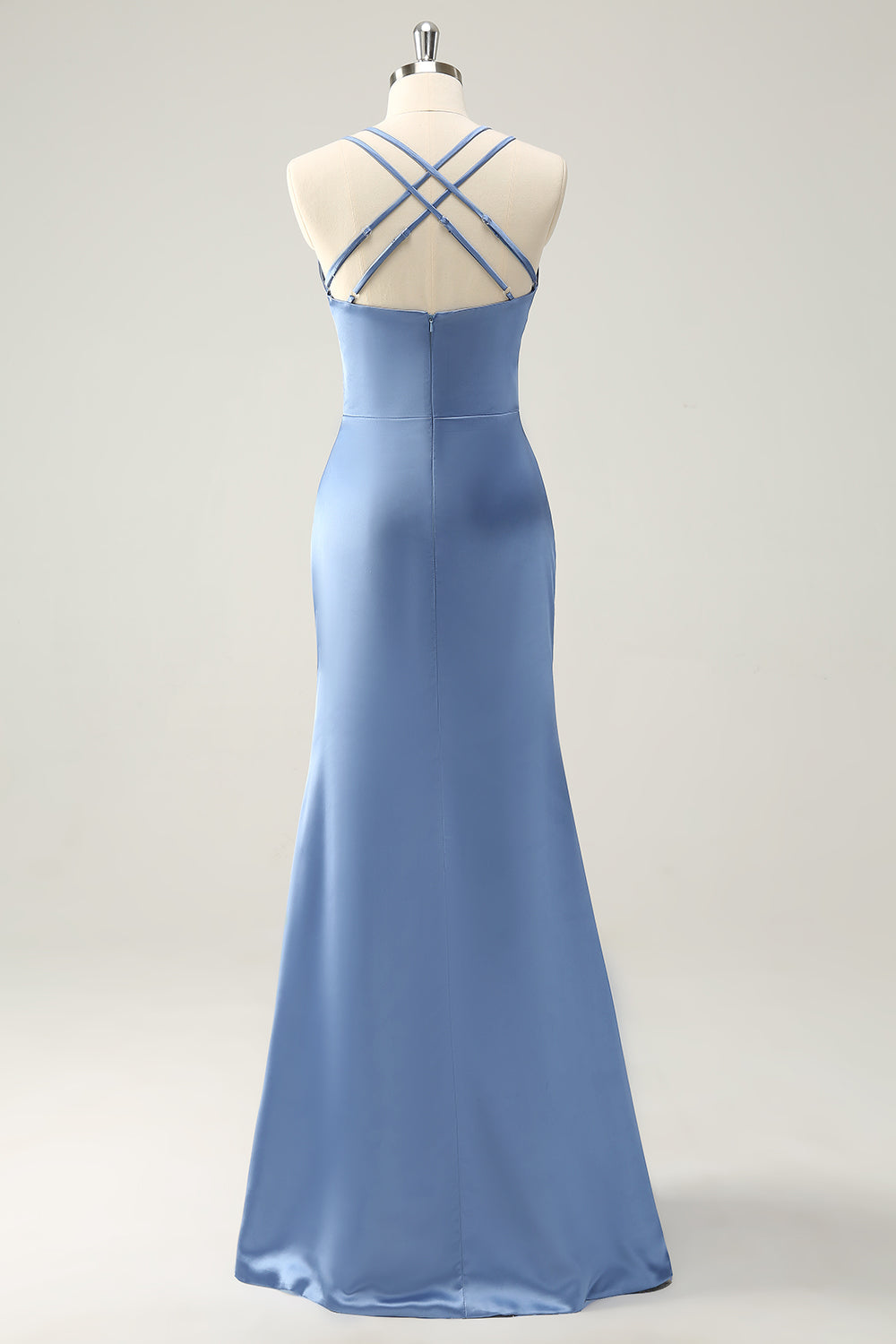 Vestido de dama de honor de satén con tirantes de espagueti sirena azul con abertura