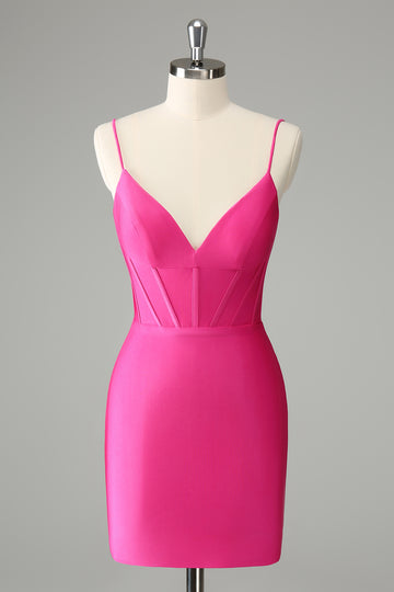 Vestido de cóctel de satén con tirantes finos fucsia