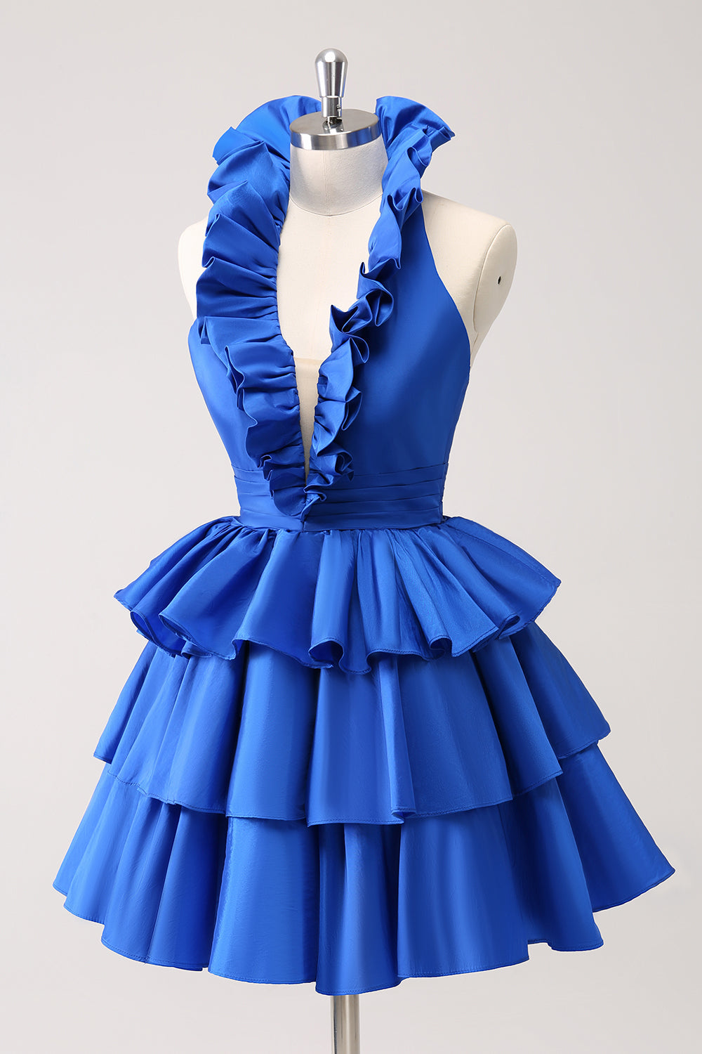 Vestido de fiesta corto con volantes y corte en A en color azul real