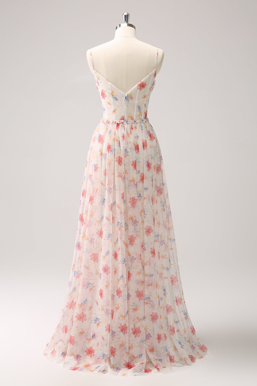 Vestido largo de dama de honor con tirantes de espagueti florales blancos y rojos