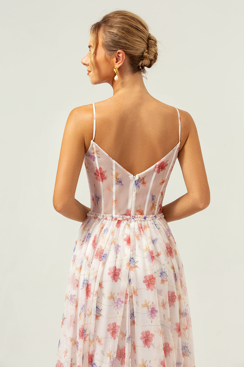 Blanco Rojo Floral Una Línea Tirantes Espagueti Corsé Vestido Largo de Dama de Honor