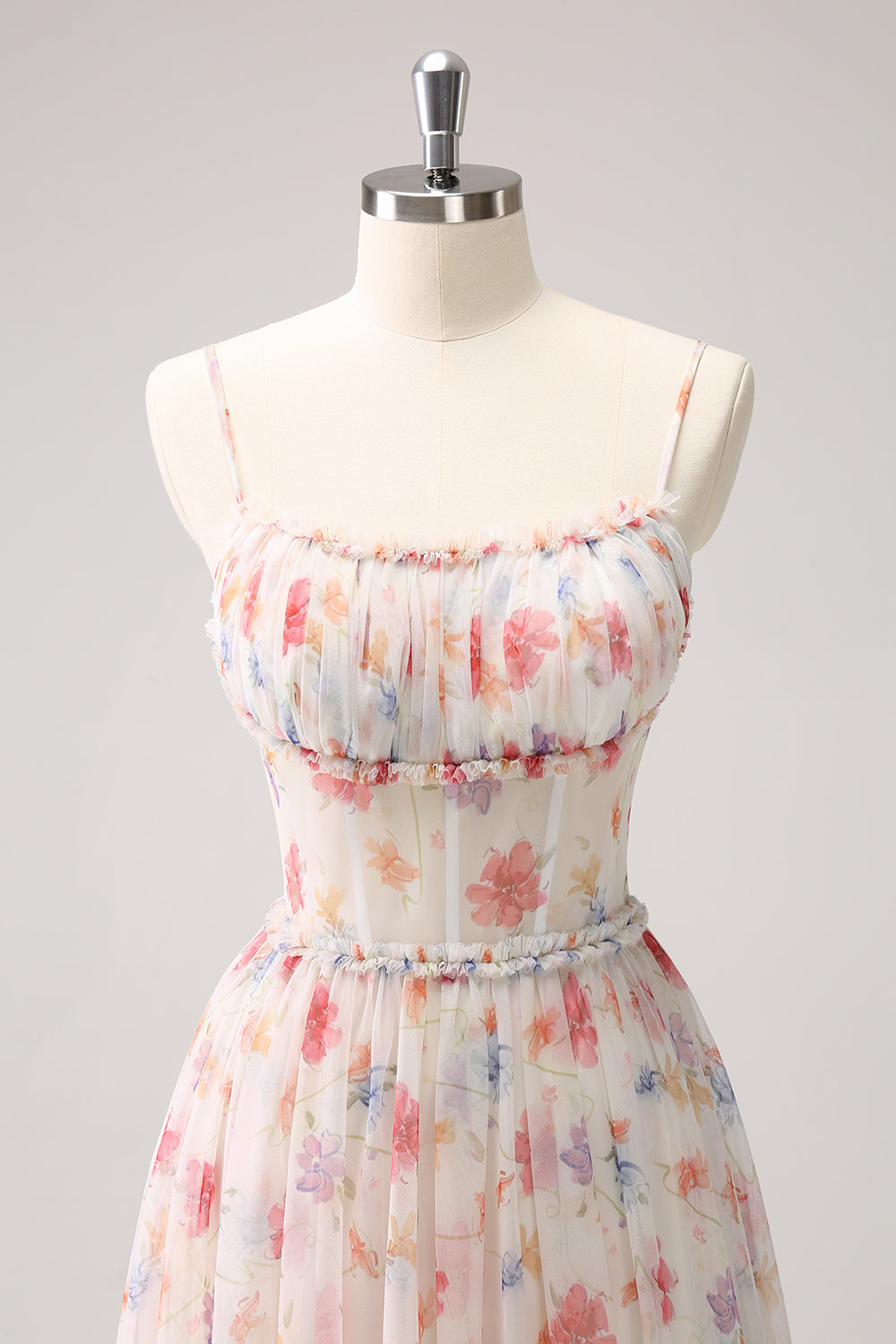 Vestido largo de dama de honor con tirantes de espagueti florales blancos y rojos