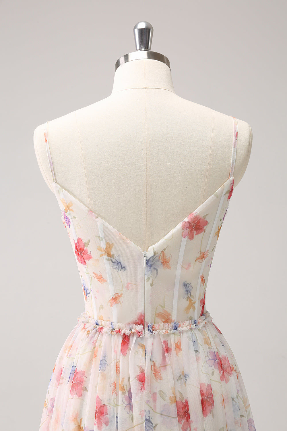 Vestido largo de dama de honor con tirantes de espagueti florales blancos y rojos