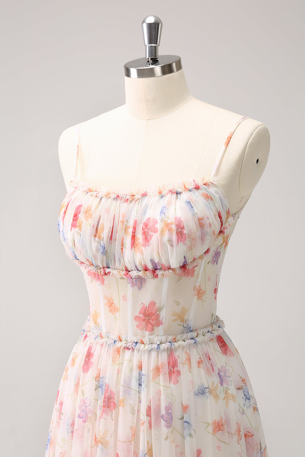 Vestido largo de dama de honor con tirantes de espagueti florales blancos y rojos