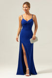 Vestido de dama de honor azul oscuro brillante sirena con abertura