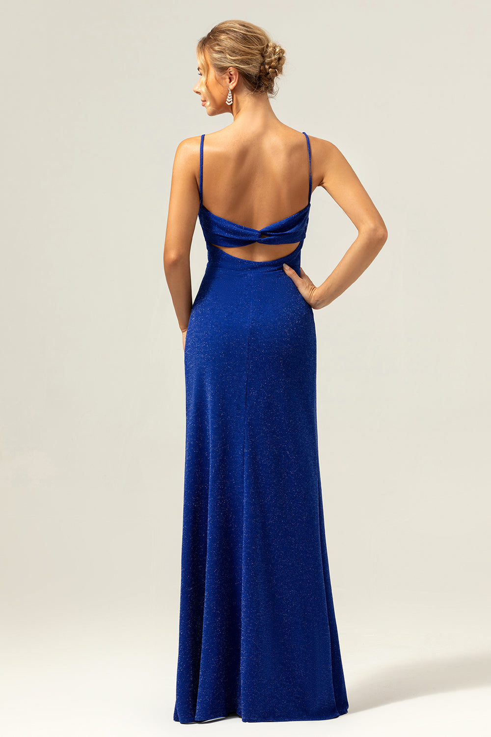 Vestido de dama de honor azul oscuro brillante sirena con abertura