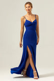 Vestido de dama de honor azul oscuro brillante sirena con abertura