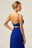 Vestido de dama de honor azul oscuro brillante sirena con abertura