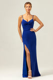 Vestido de dama de honor azul oscuro brillante sirena con abertura