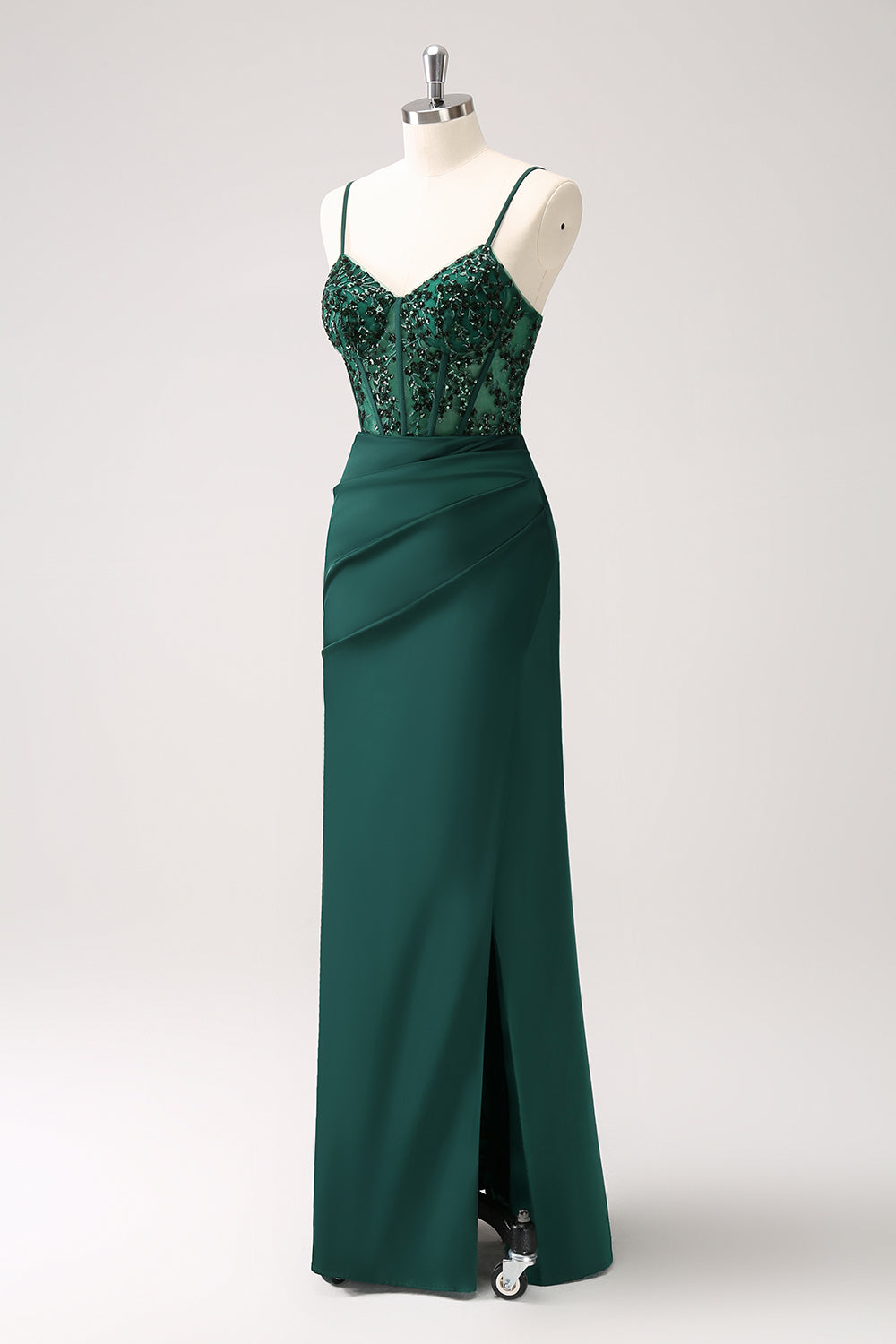 Vestido de dama de honor largo de satén con correas de espagueti de sirena verde oscuro con abertura
