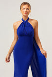 Vestido de dama de honor largo sin espalda halter azul brillante