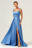 Vestido largo de dama de honor de satén con correas de espagueti azul A Line