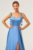 Vestido largo de dama de honor de satén con correas de espagueti azul A Line