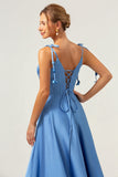 Vestido largo de dama de honor de satén con correas de espagueti azul A Line