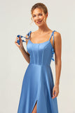 Vestido largo de dama de honor de satén con correas de espagueti azul A Line