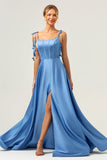 Vestido largo de dama de honor de satén con correas de espagueti azul A Line